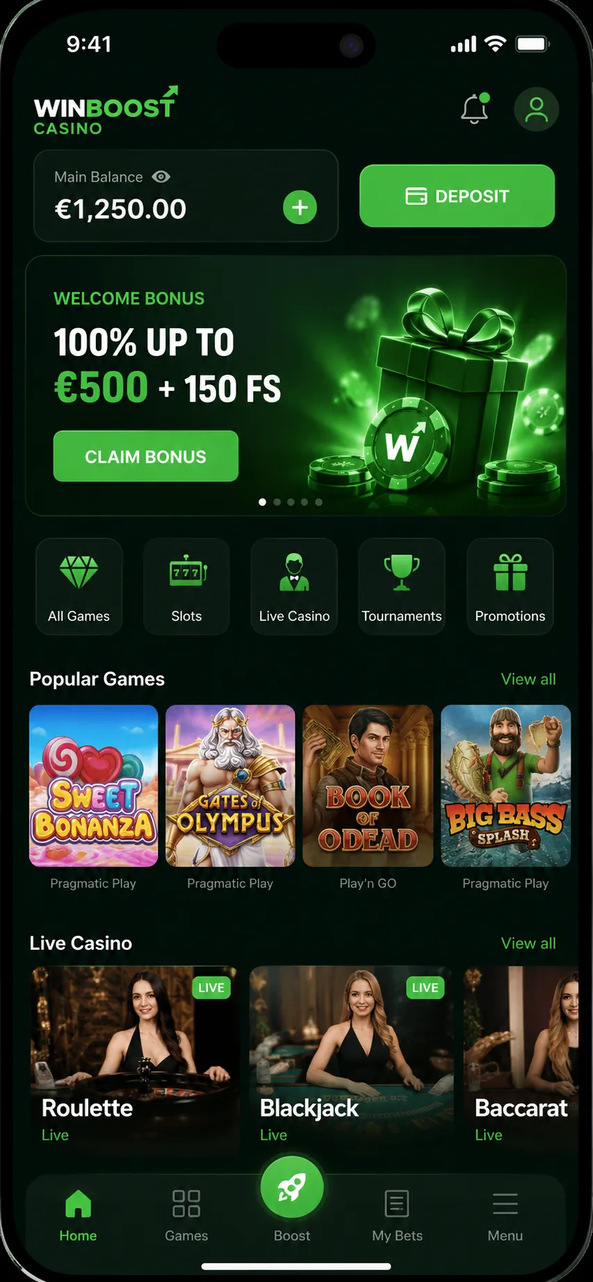 WinBoost Casino mobile app screenshot
