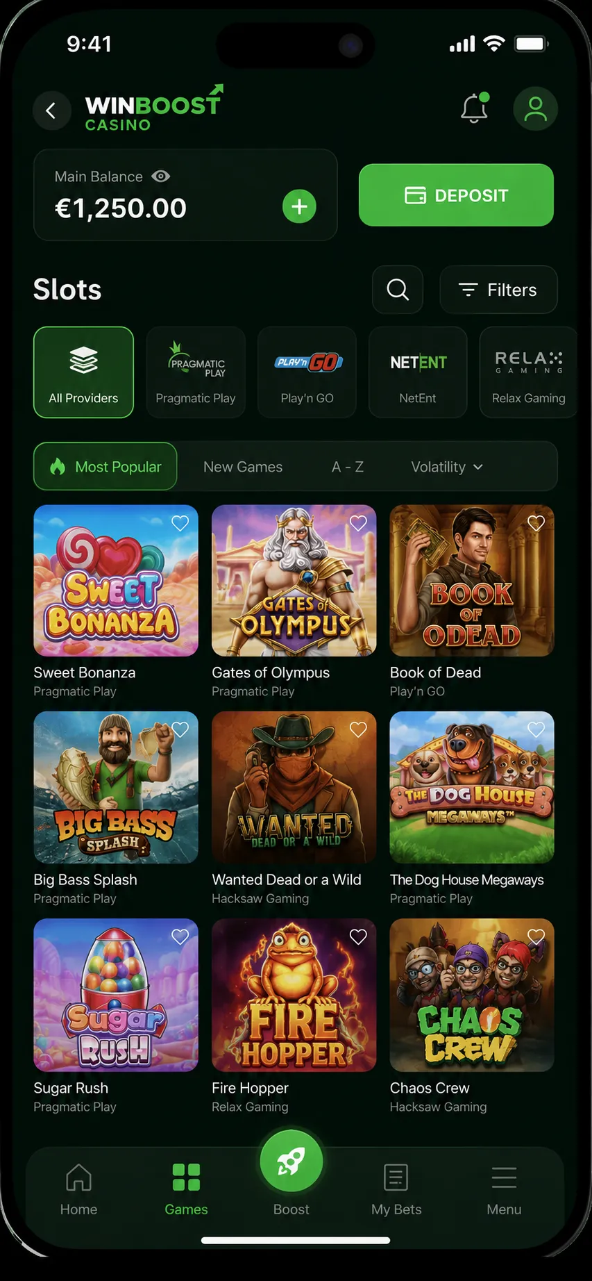 WinBoost Casino app — lobby screenshot