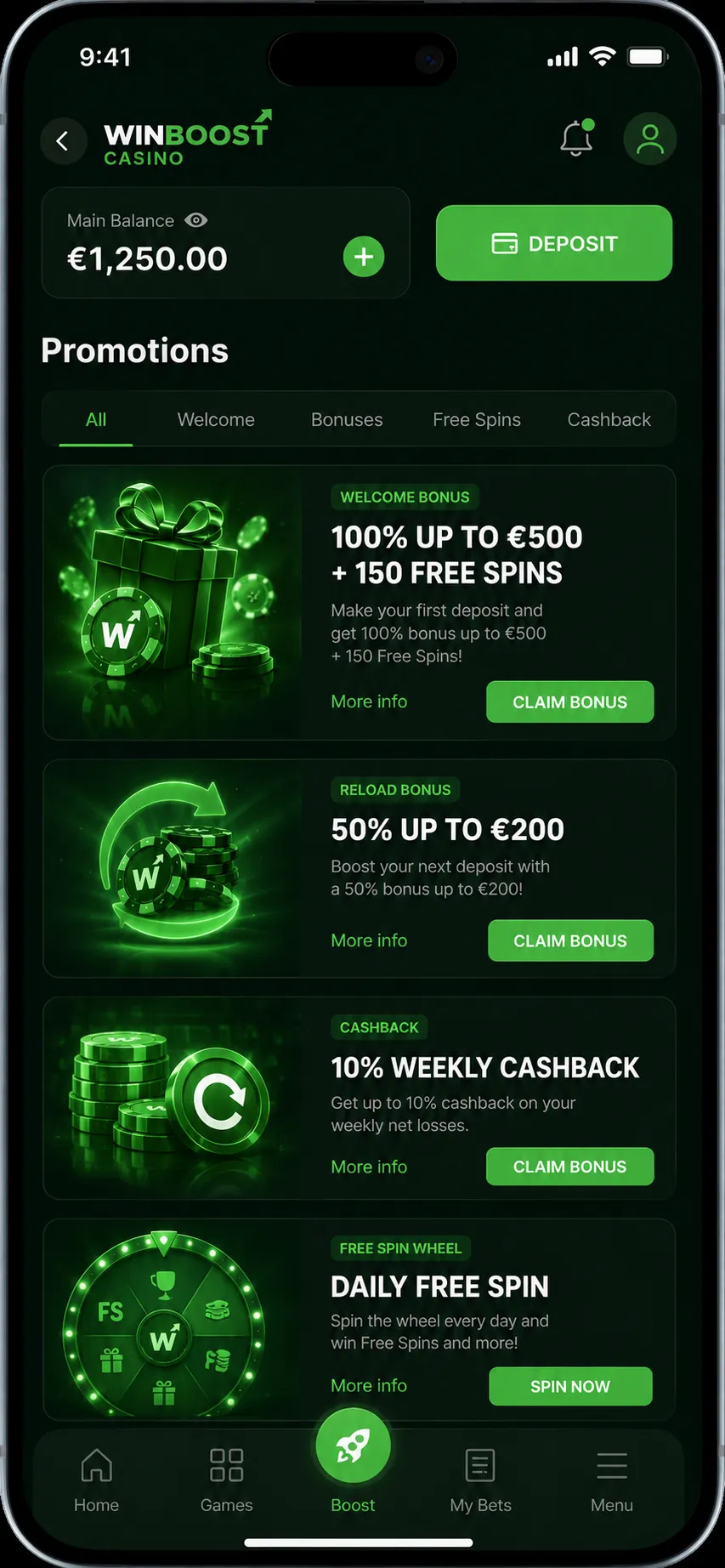 WinBoost Casino app — slots screenshot