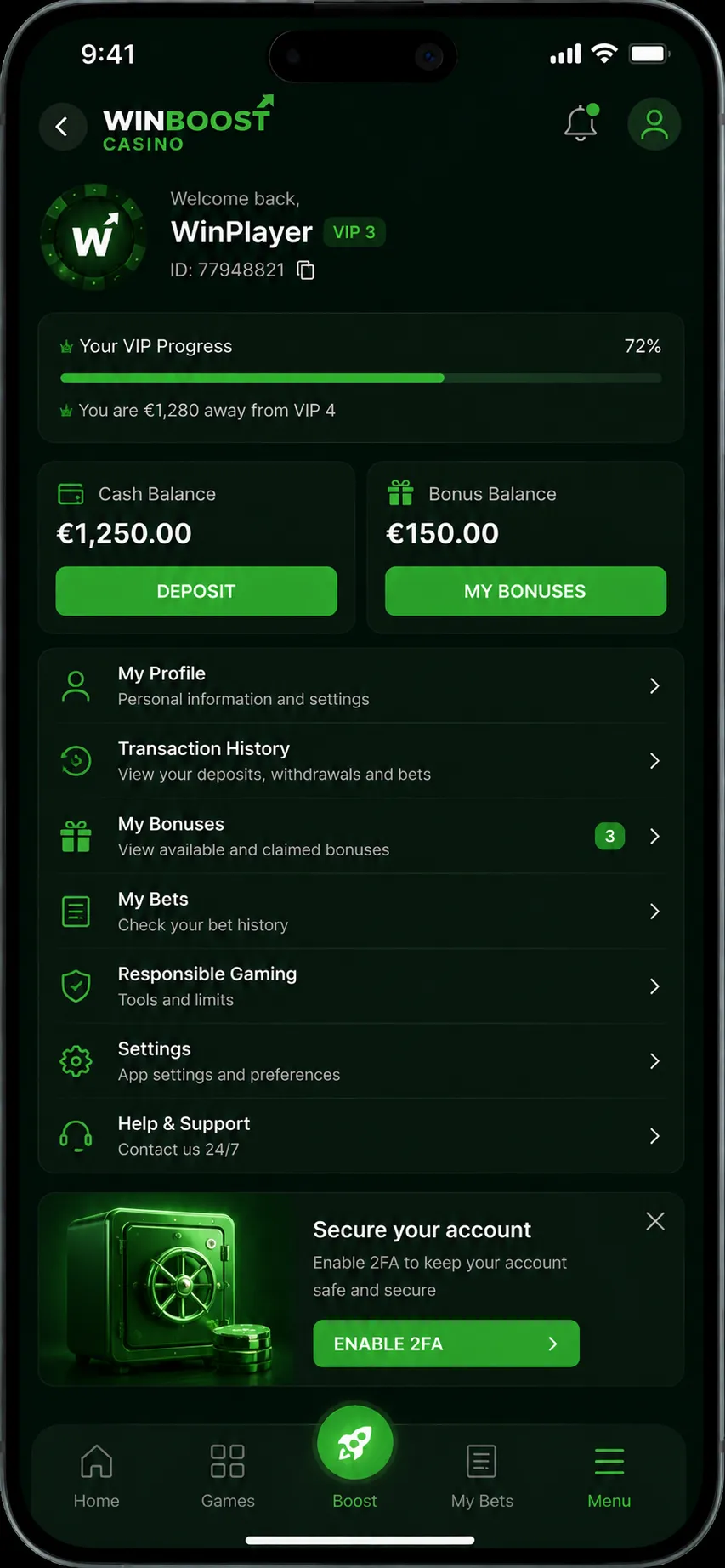 WinBoost Casino app — cashier screenshot